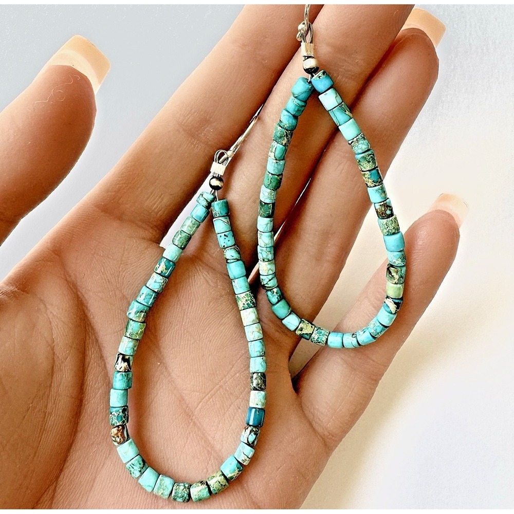 Jacla‎ Navajo Earrings Turquoise Heishi 3in 925 Sterling Dangle Hook Loops Long